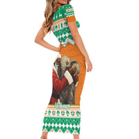 Ivory Coast Christmas Short Sleeve Bodycon Dress Black Santa With Forest Elephant - Wonder Print Shop