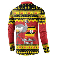 Uganda Christmas Button Sweatshirt Grey Crowned Crane With Flag Map - Wonder Print Shop