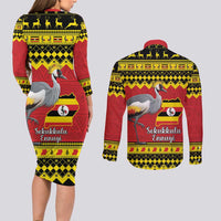 Uganda Christmas Couples Matching Long Sleeve Bodycon Dress and Long Sleeve Button Shirt Grey Crowned Crane With Flag Map - Wonder Print Shop