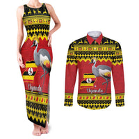Uganda Christmas Couples Matching Tank Maxi Dress and Long Sleeve Button Shirt Grey Crowned Crane With Flag Map - Wonder Print Shop