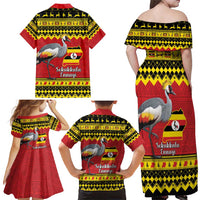 Uganda Christmas Family Matching Off Shoulder Maxi Dress and Hawaiian Shirt Grey Crowned Crane With Flag Map - Wonder Print Shop