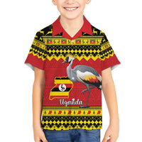 Uganda Christmas Family Matching Off Shoulder Maxi Dress and Hawaiian Shirt Grey Crowned Crane With Flag Map - Wonder Print Shop
