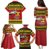 Uganda Christmas Family Matching Puletasi and Hawaiian Shirt Grey Crowned Crane With Flag Map - Wonder Print Shop