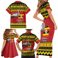 Uganda Christmas Family Matching Short Sleeve Bodycon Dress and Hawaiian Shirt Grey Crowned Crane With Flag Map - Wonder Print Shop