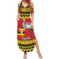 Uganda Christmas Family Matching Summer Maxi Dress and Hawaiian Shirt Grey Crowned Crane With Flag Map - Wonder Print Shop