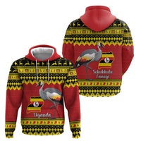 Uganda Christmas Hoodie Grey Crowned Crane With Flag Map - Wonder Print Shop