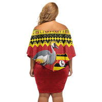 Uganda Christmas Off Shoulder Short Dress Grey Crowned Crane With Flag Map - Wonder Print Shop