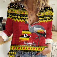 Uganda Christmas Women Casual Shirt Grey Crowned Crane With Flag Map - Wonder Print Shop