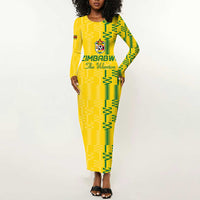 Custom Zimbabwe Football Long Sleeve Bodycon Dress Come On Warriors - Kente Pattern - Wonder Print Shop