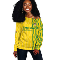 Custom Zimbabwe Football Off Shoulder Sweater Come On Warriors - Kente Pattern - Wonder Print Shop