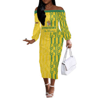 Custom Zimbabwe Football Off The Shoulder Long Sleeve Dress Come On Warriors - Kente Pattern - Wonder Print Shop