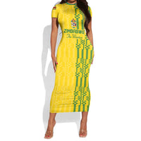 Custom Zimbabwe Football Short Sleeve Bodycon Dress Come On Warriors - Kente Pattern - Wonder Print Shop