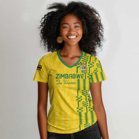 Custom Zimbabwe Football Women V-Neck T-Shirt Come On Warriors - Kente Pattern - Wonder Print Shop