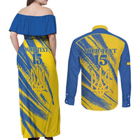 Custom Ukraine Football Couples Matching Off Shoulder Maxi Dress and Long Sleeve Button Shirt Blue And Yellow Grunge Style - Wonder Print Shop