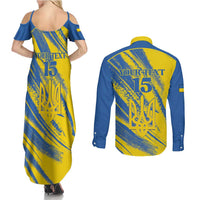 Custom Ukraine Football Couples Matching Summer Maxi Dress and Long Sleeve Button Shirt Blue And Yellow Grunge Style - Wonder Print Shop