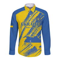 Custom Ukraine Football Long Sleeve Button Shirt Blue And Yellow Grunge Style - Wonder Print Shop