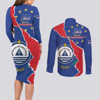 Happy Cape Verde Independence Day Couples Matching Long Sleeve Bodycon Dress and Long Sleeve Button Shirt Coat Of Arms With Map