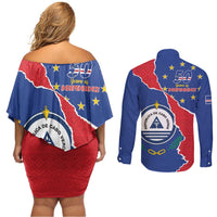 Happy Cape Verde Independence Day Couples Matching Off Shoulder Short Dress and Long Sleeve Button Shirt Coat Of Arms With Map
