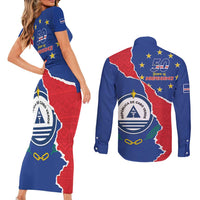 Happy Cape Verde Independence Day Couples Matching Short Sleeve Bodycon Dress and Long Sleeve Button Shirt Coat Of Arms With Map