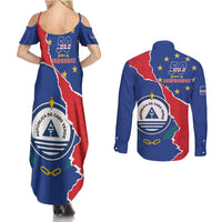 Happy Cape Verde Independence Day Couples Matching Summer Maxi Dress and Long Sleeve Button Shirt Coat Of Arms With Map