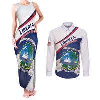 Personalized Liberia Independence Day Couples Matching Tank Maxi Dress and Long Sleeve Button Shirt Coat Of Arms Pepper Flowers