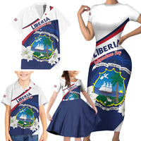 Personalized Liberia Independence Day Family Matching Short Sleeve Bodycon Dress and Hawaiian Shirt Coat Of Arms Pepper Flowers