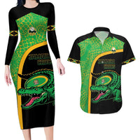 Jamaica Rugby Custom Couples Matching Long Sleeve Bodycon Dress and Hawaiian Shirt Go Jamaica Crocs - Pineapple Pattern