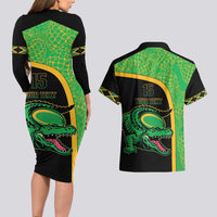 Jamaica Rugby Custom Couples Matching Long Sleeve Bodycon Dress and Hawaiian Shirt Go Jamaica Crocs - Pineapple Pattern