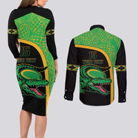 Jamaica Rugby Custom Couples Matching Long Sleeve Bodycon Dress and Long Sleeve Button Shirt Go Jamaica Crocs - Pineapple Pattern