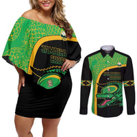 Jamaica Rugby Custom Couples Matching Off Shoulder Short Dress and Long Sleeve Button Shirt Go Jamaica Crocs - Pineapple Pattern