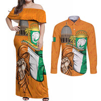 Personalised Ivory Coast Independence Day Couples Matching Off Shoulder Maxi Dress and Long Sleeve Button Shirt Yamoussoukro Coat Of Arms