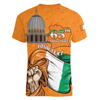 Personalised Ivory Coast Independence Day Women V-Neck T-Shirt Yamoussoukro Coat Of Arms