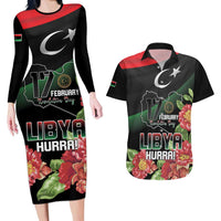 Personalized Libya Revolution Day Couples Matching Long Sleeve Bodycon Dress and Hawaiian Shirt Libyan Map With Pomegranate Blossom - Wonder Print Shop