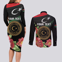 Personalized Libya Revolution Day Couples Matching Long Sleeve Bodycon Dress and Long Sleeve Button Shirt Libyan Map With Pomegranate Blossom - Wonder Print Shop