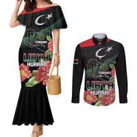 Personalized Libya Revolution Day Couples Matching Mermaid Dress and Long Sleeve Button Shirt Libyan Map With Pomegranate Blossom - Wonder Print Shop