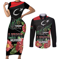 Personalized Libya Revolution Day Couples Matching Short Sleeve Bodycon Dress and Long Sleeve Button Shirt Libyan Map With Pomegranate Blossom - Wonder Print Shop