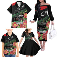 Personalized Libya Revolution Day Family Matching Off The Shoulder Long Sleeve Dress and Hawaiian Shirt Libyan Map With Pomegranate Blossom - Wonder Print Shop