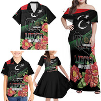 Personalized Libya Revolution Day Family Matching Off Shoulder Maxi Dress and Hawaiian Shirt Libyan Map With Pomegranate Blossom - Wonder Print Shop
