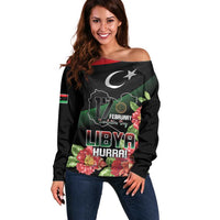 Personalized Libya Revolution Day Off Shoulder Sweater Libyan Map With Pomegranate Blossom - Wonder Print Shop