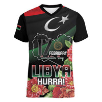 Personalized Libya Revolution Day Women V-Neck T-Shirt Libyan Map With Pomegranate Blossom - Wonder Print Shop