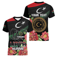 Personalized Libya Revolution Day Women V-Neck T-Shirt Libyan Map With Pomegranate Blossom - Wonder Print Shop