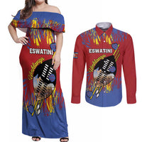 Personalized Eswatini Umhlanga Couples Matching Off Shoulder Maxi Dress and Long Sleeve Button Shirt Nguni Shield With Reed - Wonder Print Shop