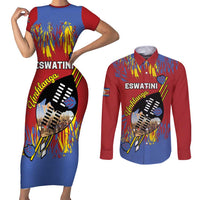 Personalized Eswatini Umhlanga Couples Matching Short Sleeve Bodycon Dress and Long Sleeve Button Shirt Nguni Shield With Reed - Wonder Print Shop