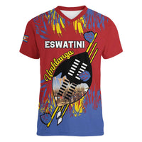 Personalized Eswatini Umhlanga Women V-Neck T-Shirt Nguni Shield With Reed - Wonder Print Shop