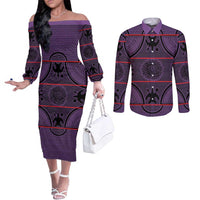 Lesotho Seanamarena Couples Matching Off The Shoulder Long Sleeve Dress and Long Sleeve Button Shirt Basotho Traditional Blanket Style - Violet - Wonder Print Shop