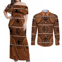 Lesotho Seanamarena Couples Matching Off Shoulder Maxi Dress and Long Sleeve Button Shirt Basotho Traditional Blanket Style - Orange - Wonder Print Shop