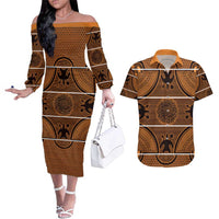 Lesotho Seanamarena Couples Matching Off The Shoulder Long Sleeve Dress and Hawaiian Shirt Basotho Traditional Blanket Style - Orange - Wonder Print Shop