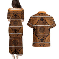Lesotho Seanamarena Couples Matching Puletasi and Hawaiian Shirt Basotho Traditional Blanket Style - Orange - Wonder Print Shop