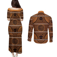 Lesotho Seanamarena Couples Matching Puletasi and Long Sleeve Button Shirt Basotho Traditional Blanket Style - Orange - Wonder Print Shop