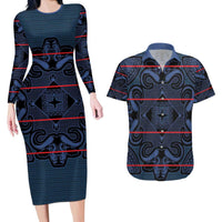 Lesotho Seanamarena - Motlatsi Couples Matching Long Sleeve Bodycon Dress and Hawaiian Shirt Basotho Traditional Blanket Style - Blue - Wonder Print Shop